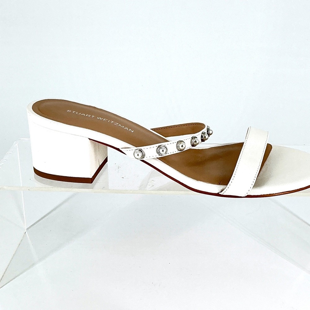 Stuart Weitzman Size 7 White Leather Pearly Block Heel Sandals Slide NEW $495